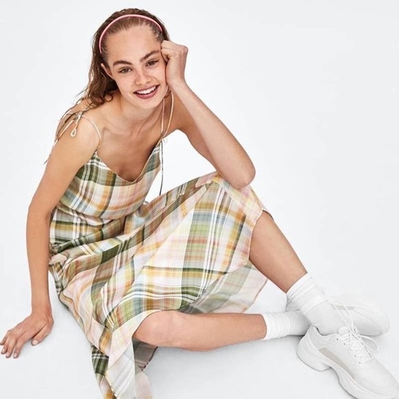 Zara TRF Pink, Green, Cream Plaid Check Satin Midi Maxi sun dress - Picture 12 of 13
